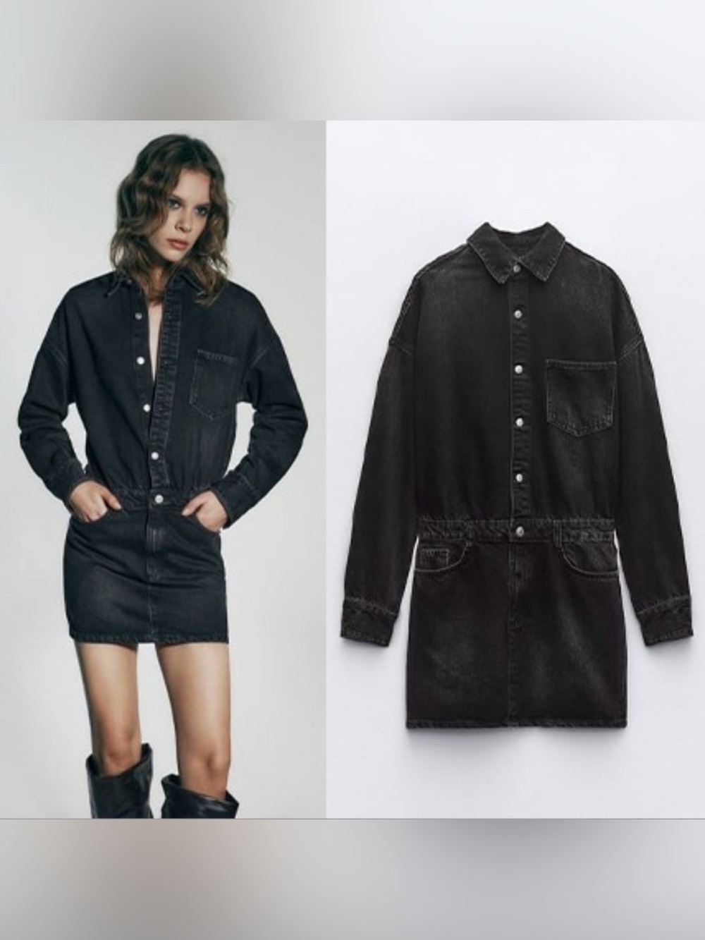 Zara Faded Black Denim Shirt Mini Dress